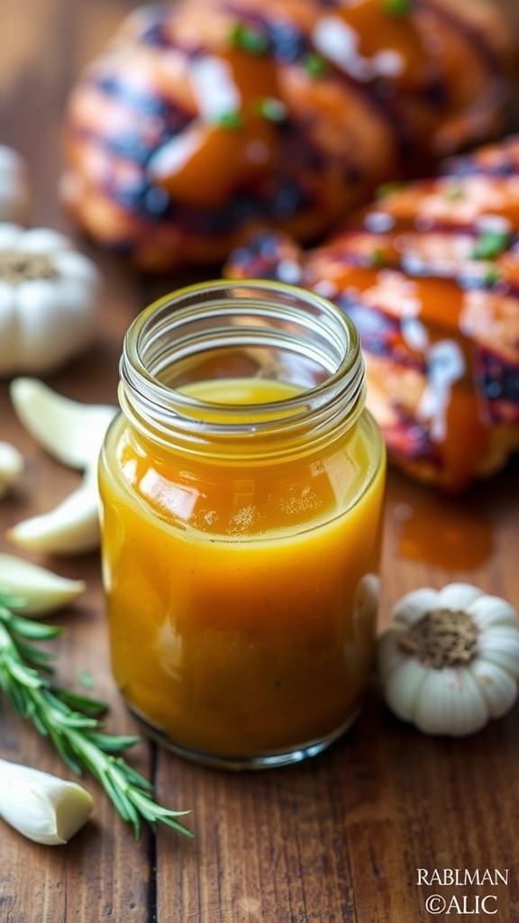 A jar of garlic honey glaze with drizzled glaze on grilled chicken, garlic cloves, and rosemary.